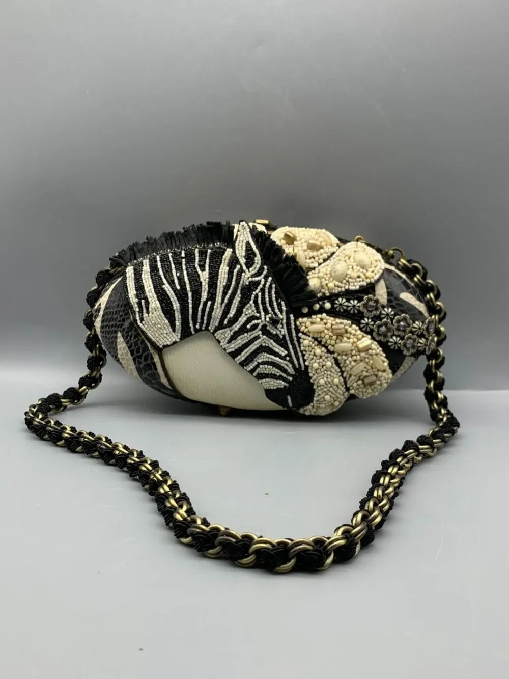 Vintage Mary Frances Zebra-Beaded Handbag Clutch with Removable Shoulder Chain
